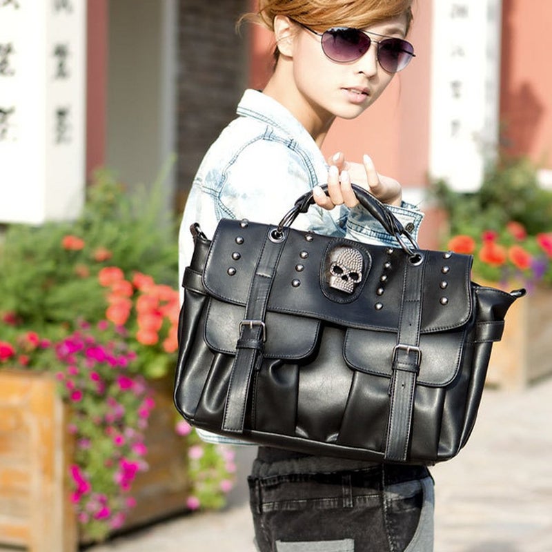 FiveloveTwo Personality Womens Handbag Purse Skull Rivet Top Handle Shoulder Crossbody Bag Middle Punk Satchel Tote Blackâ€¦ - Image 5